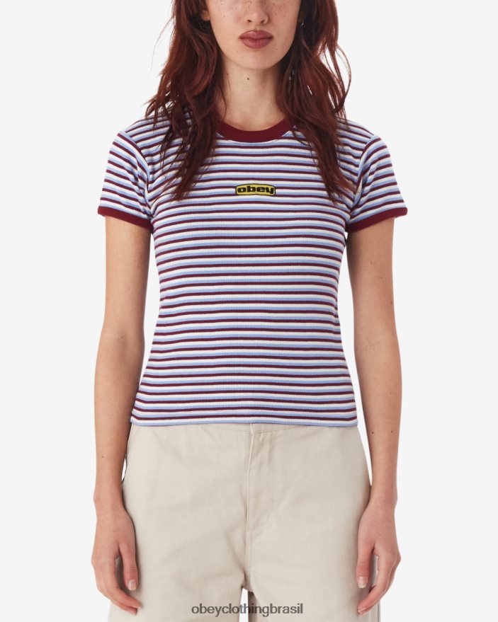 roupas br OBEY mulheres camiseta baby ringer listrada cipreste multi vermelho tibetano J22J4V557